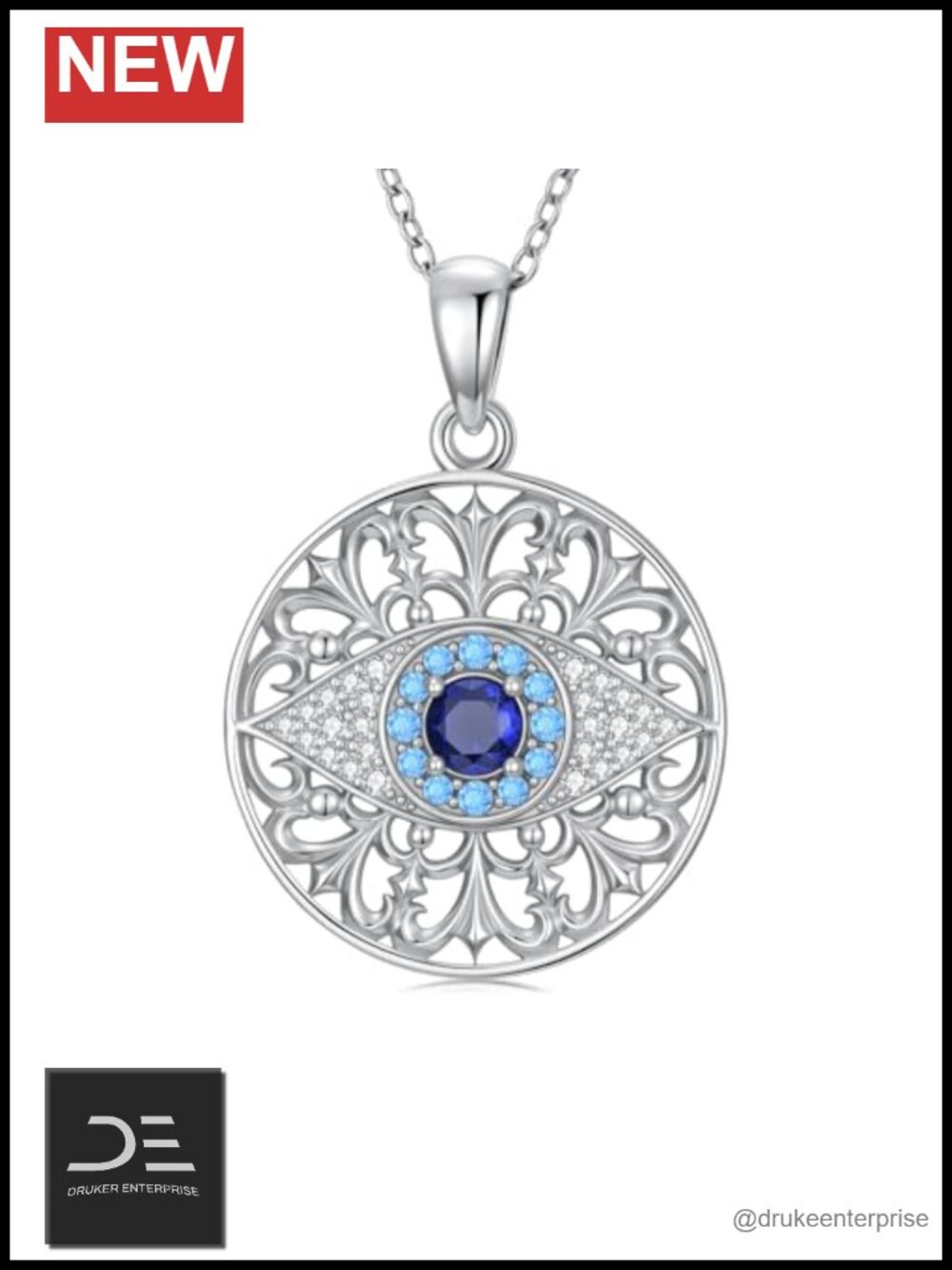 925 Sterling Silver Evil Eye Pendant Necklace with Cubic Zirconia, 18+2 inch